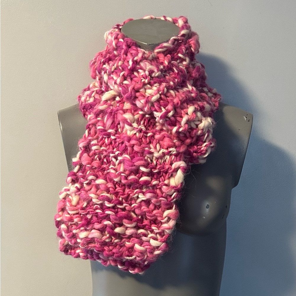 Boho Brand New Hand Knit Wool/Mohair Scarf Rowan Biggy Print Yarn Pink/White